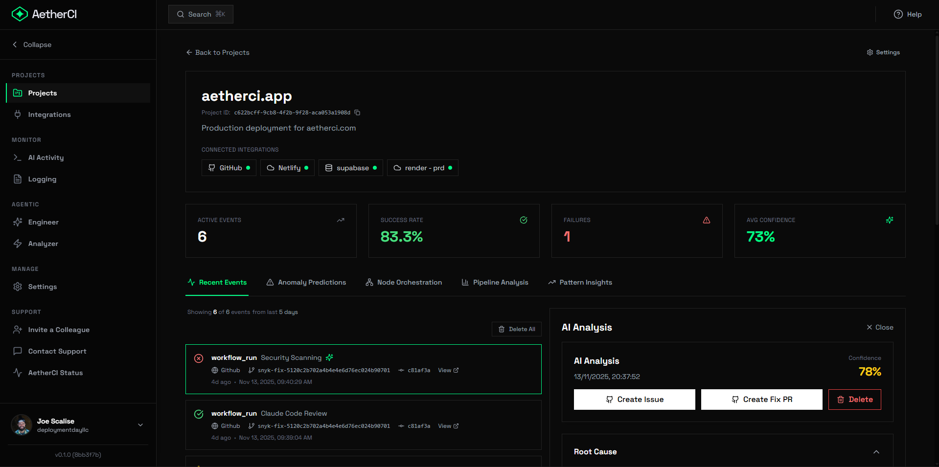 AetherCI Dashboard showing AI-powered pipeline analysis